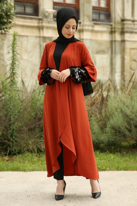 SEQUIN DETAILED BRICK COLOR EVENING DRESS